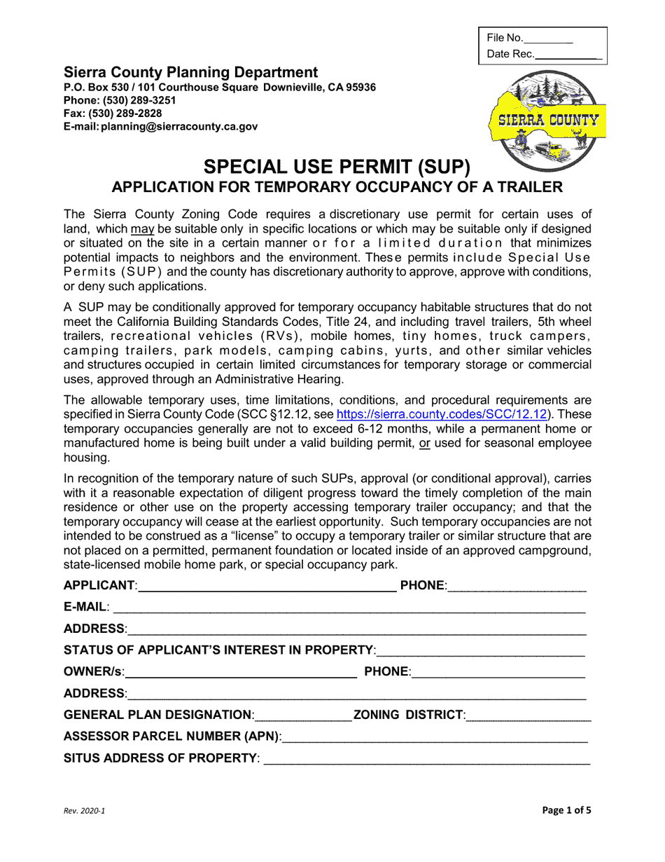 Special Use Permit (Sup) Application for Temporary Occupancy of a Trailer - Sierra County, California, Page 1