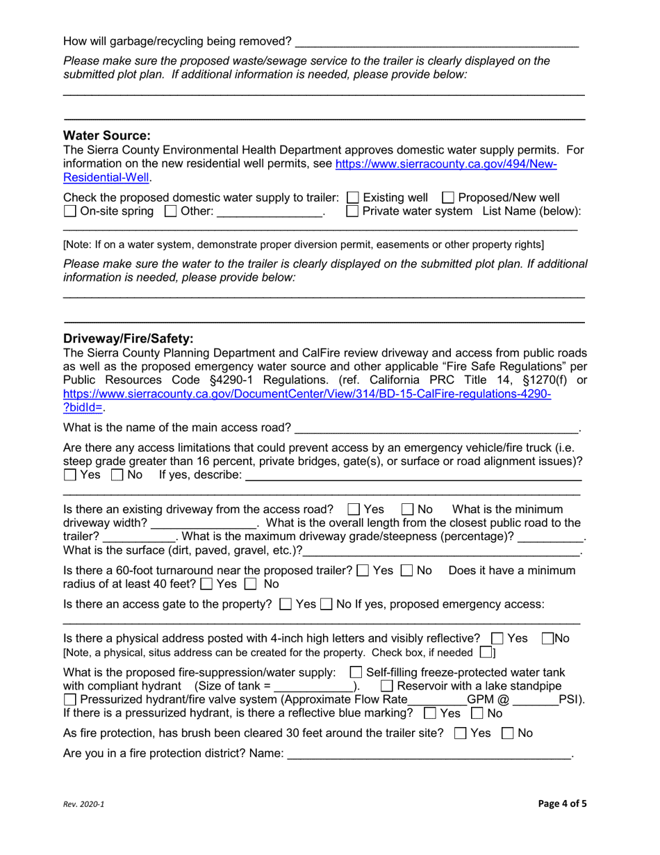 Special Use Permit (Sup) Application for Temporary Occupancy of a Trailer - Sierra County, California, Page 4