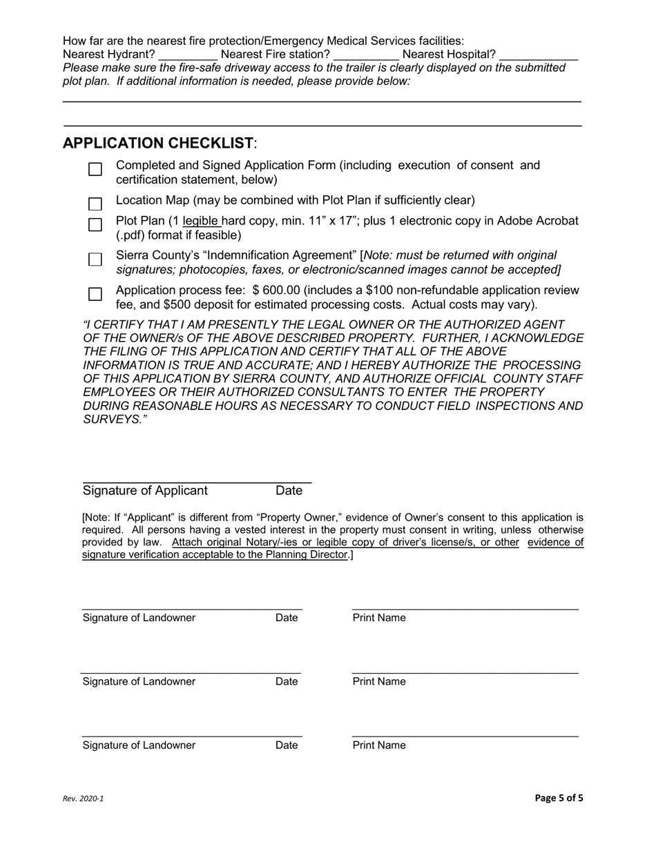 Special Use Permit (Sup) Application for Temporary Occupancy of a Trailer - Sierra County, California, Page 5