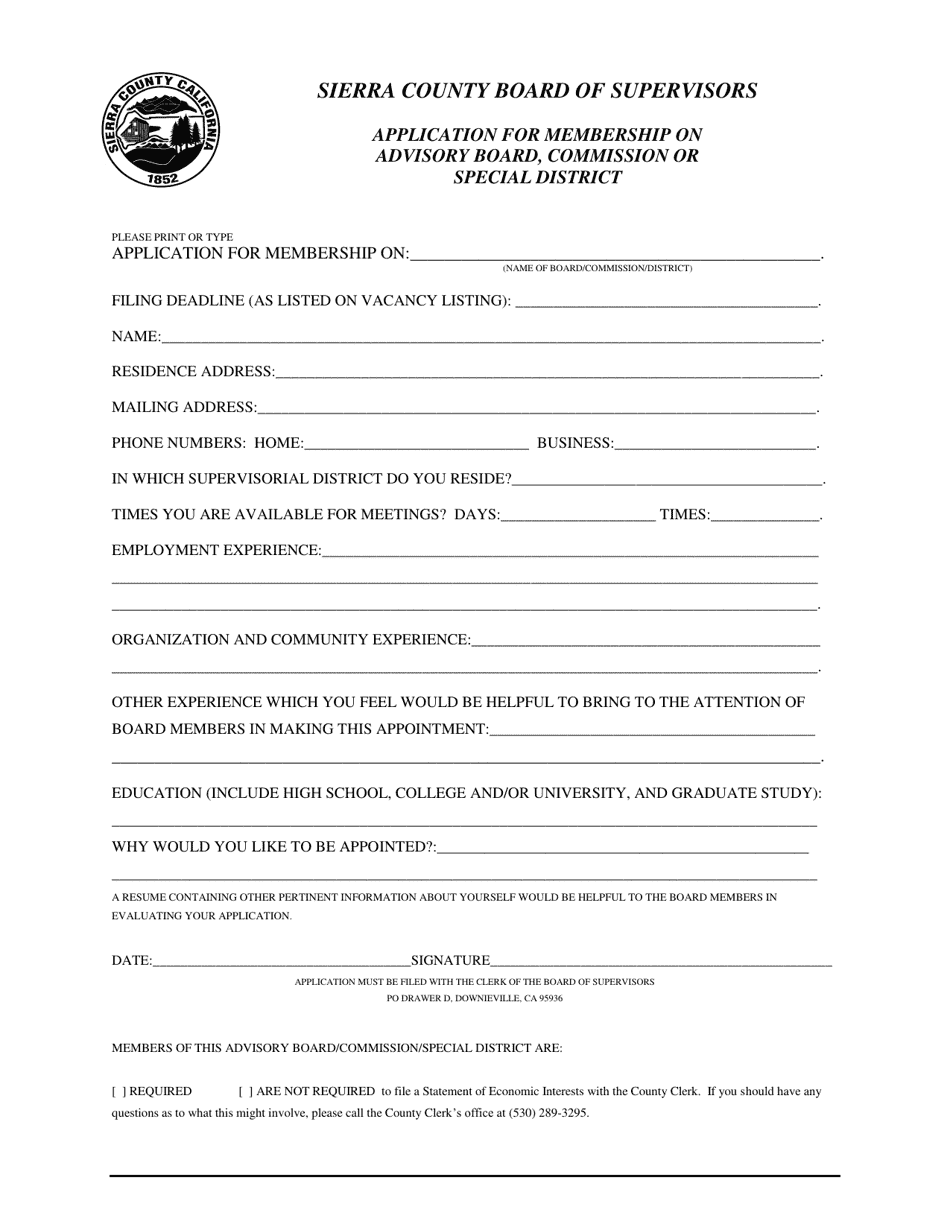 Application for Membership on Advisory Board, Commission or Special District - Sierra County, California, Page 1