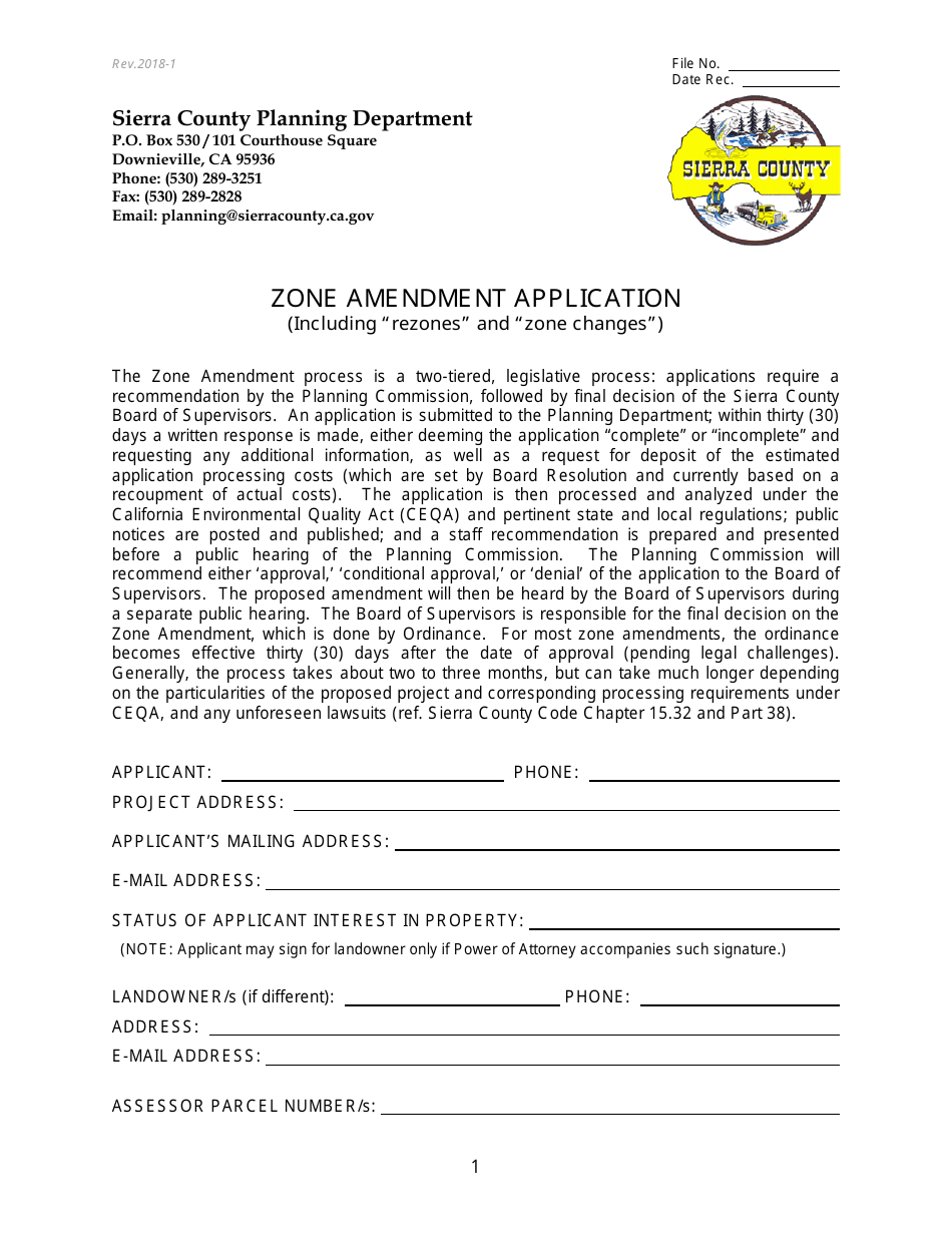 Zone Amendment Application - Sierra County, California, Page 1