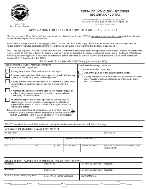 Application for Certified Copy of a Marriage Record - Sierra County, California Download Pdf