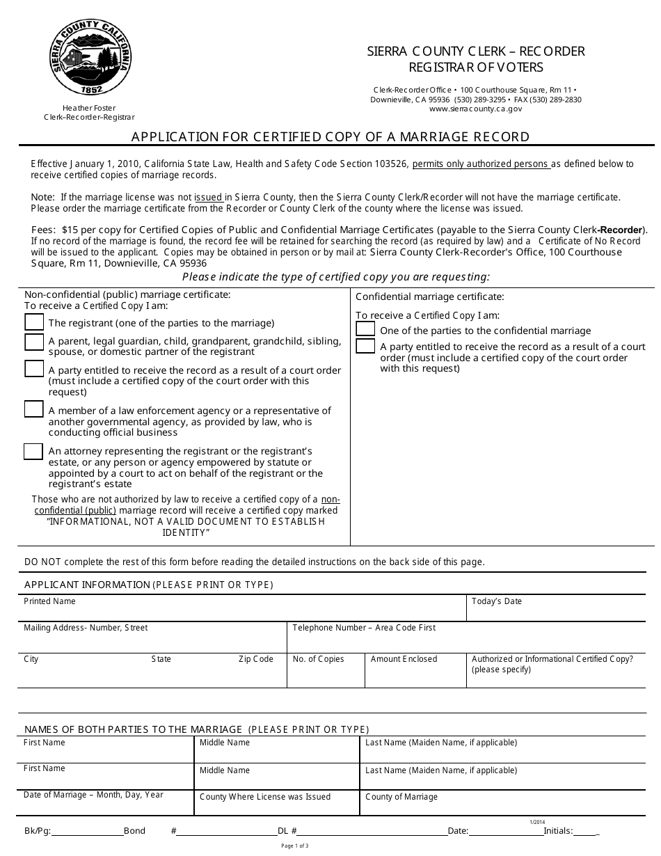 Application for Certified Copy of a Marriage Record - Sierra County, California, Page 1