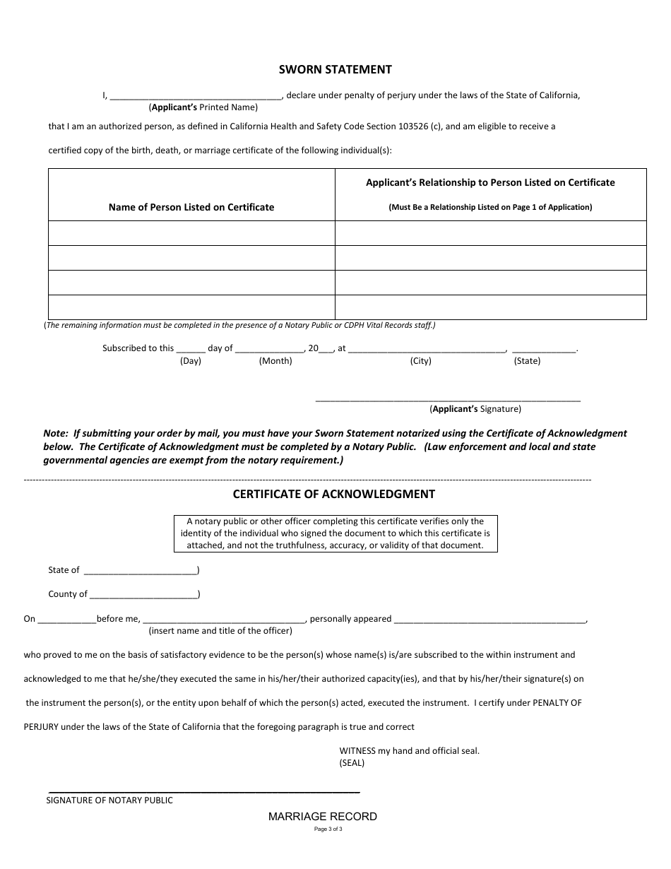 Application for Certified Copy of a Marriage Record - Sierra County, California, Page 3