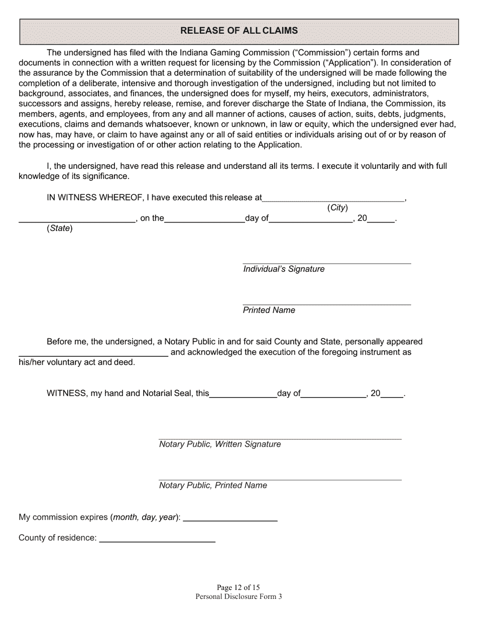 Form 3 (State Form 46782) Personal Disclosure Form - Indiana, Page 12