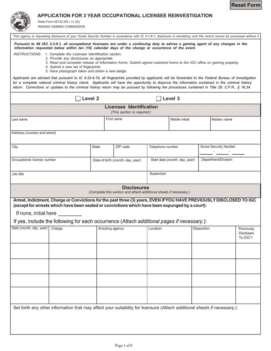 State Form 55732 Application for 3 Year Occupational Licensee Reinvestigation - Indiana, Page 1