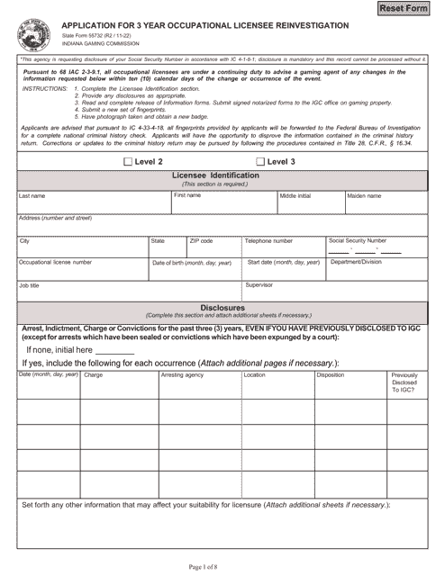 State Form 55732 Application for 3 Year Occupational Licensee Reinvestigation - Indiana