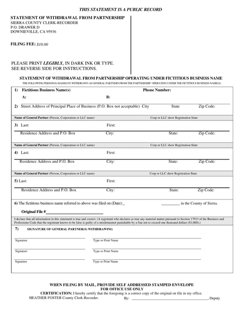 Statement of Withdrawal From Partnership Operating Under Fictitious Business Name - Sierra County, California Download Pdf