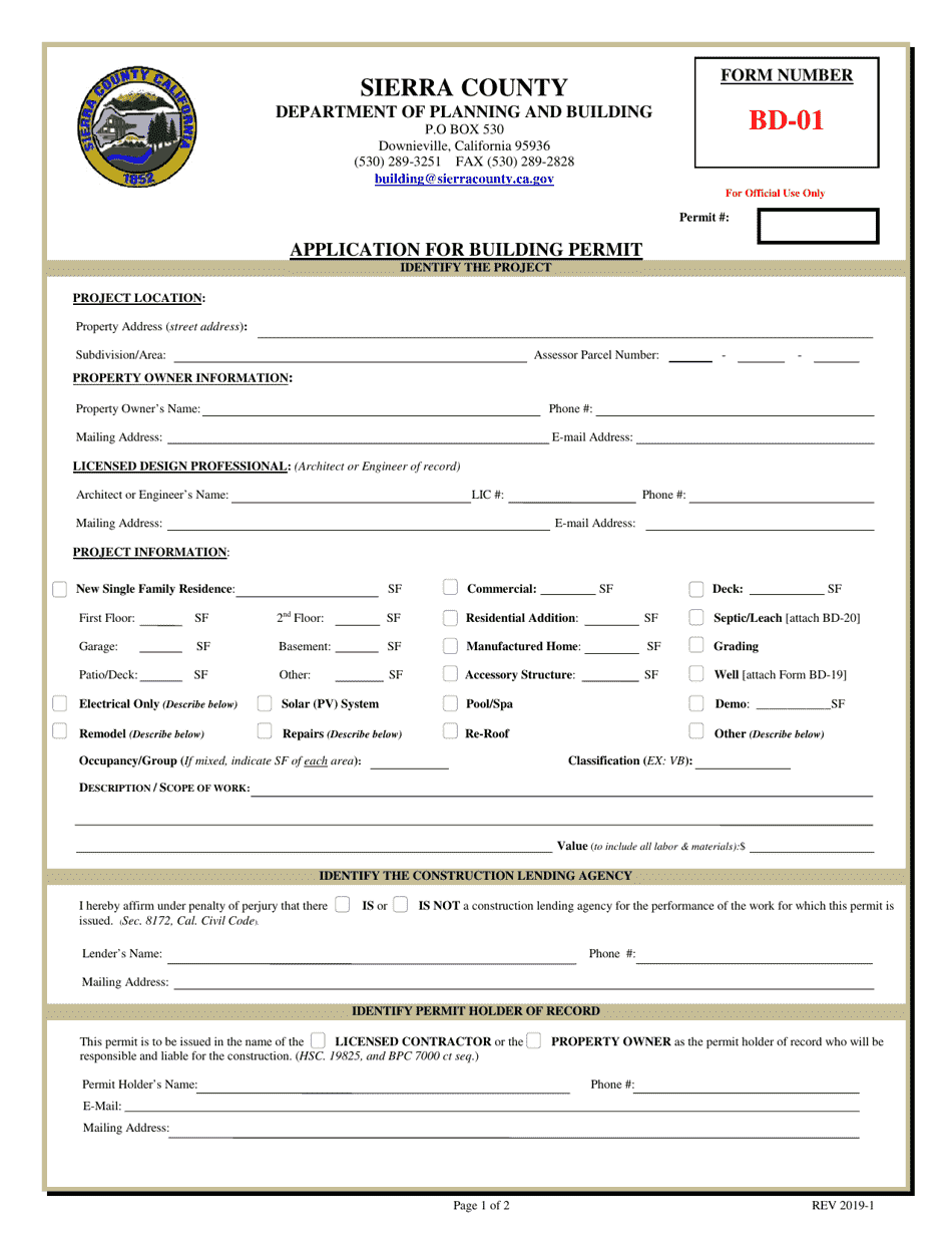 Form BD-01 - Fill Out, Sign Online And Download Printable PDF, Sierra ...