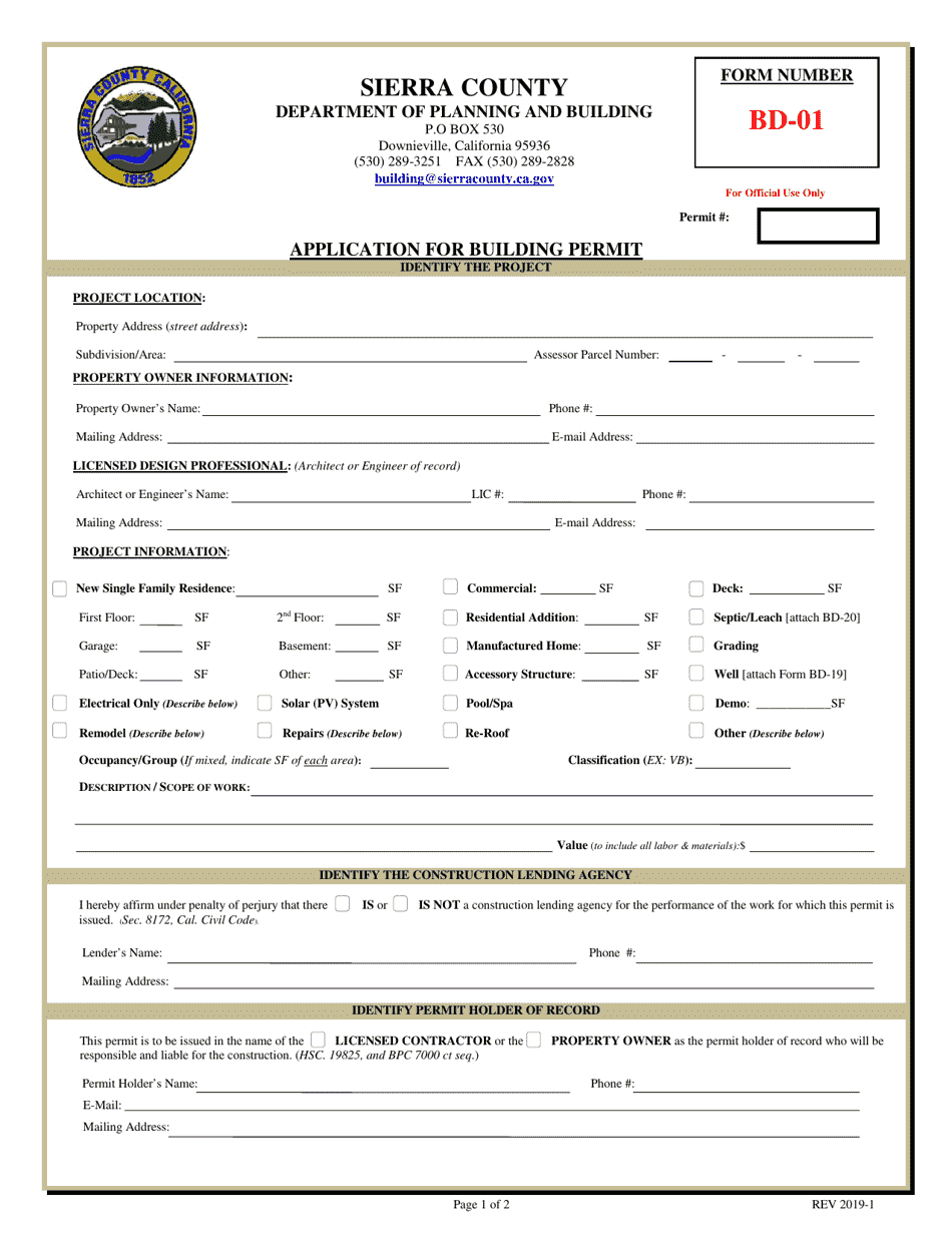 Form BD-01 Application for Building Permit - Sierra County, California, Page 1