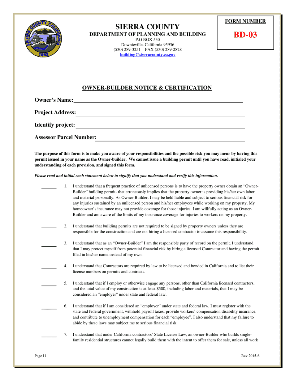 Form BD-03 Owner-Builder Notice  Certification - Sierra County, California, Page 1