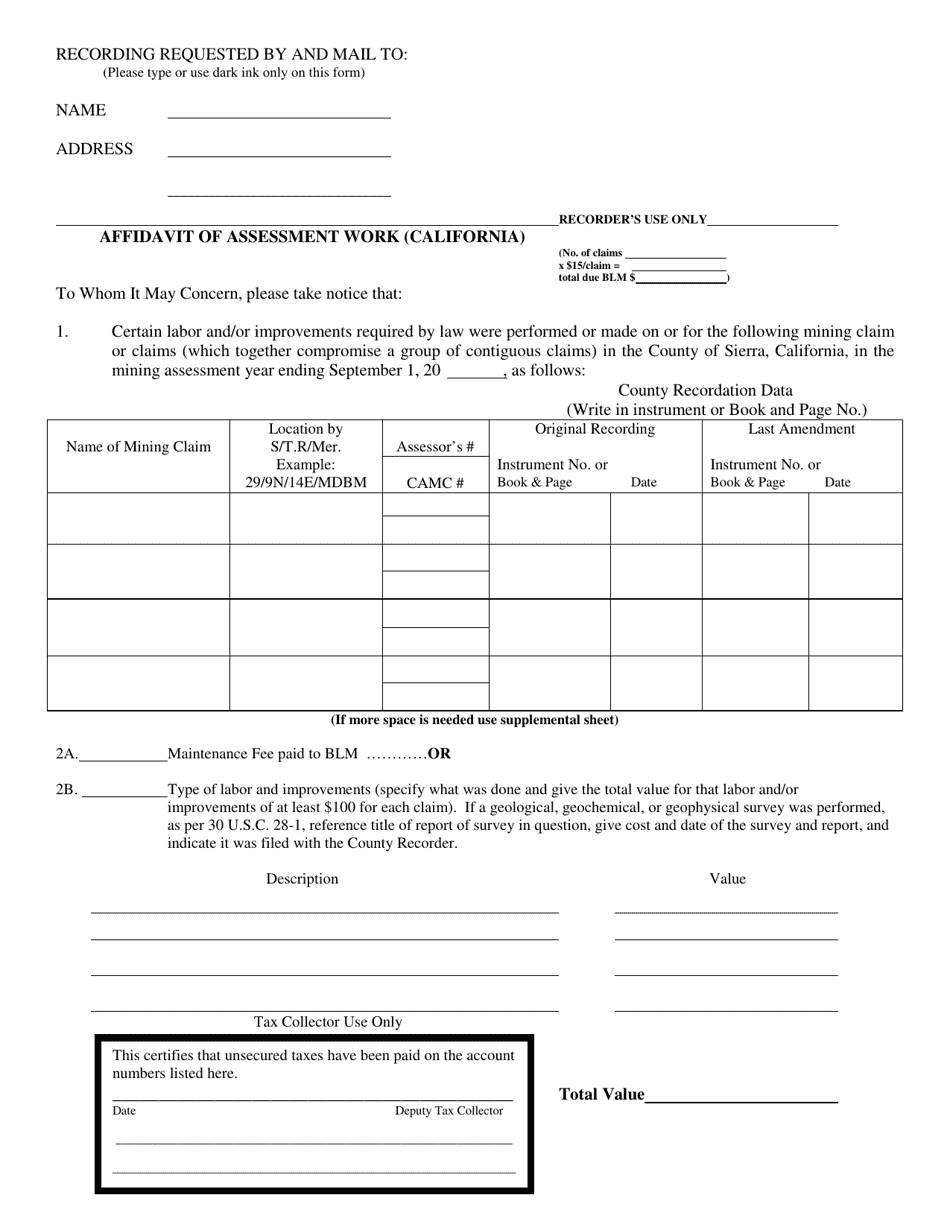 Affidavit of Assessment Work (California) - Sierra County, California, Page 1