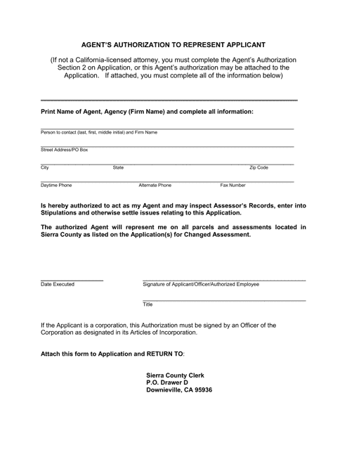 Agent's Authorization to Represent Applicant - Sierra County, California Download Pdf