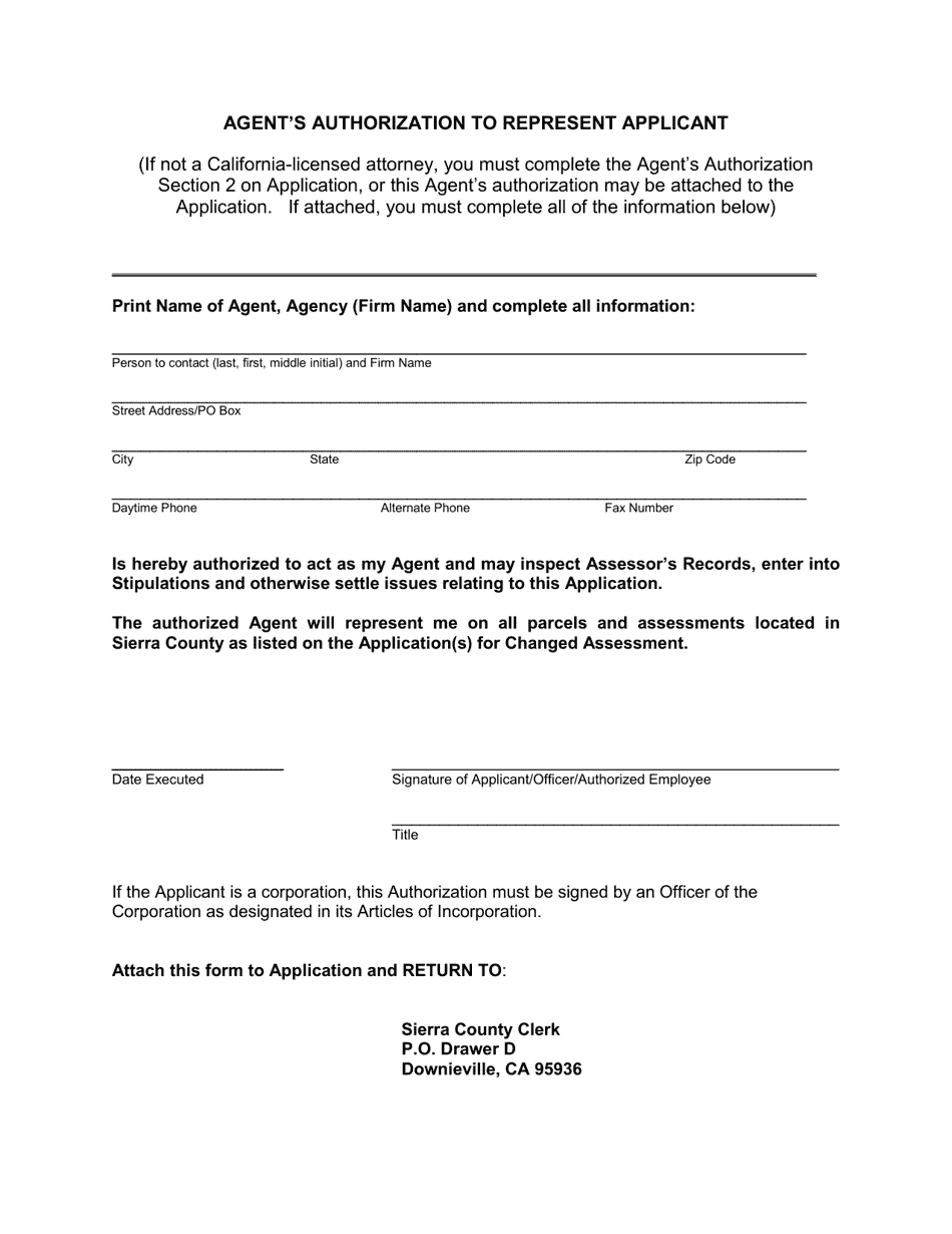 Agents Authorization to Represent Applicant - Sierra County, California, Page 1