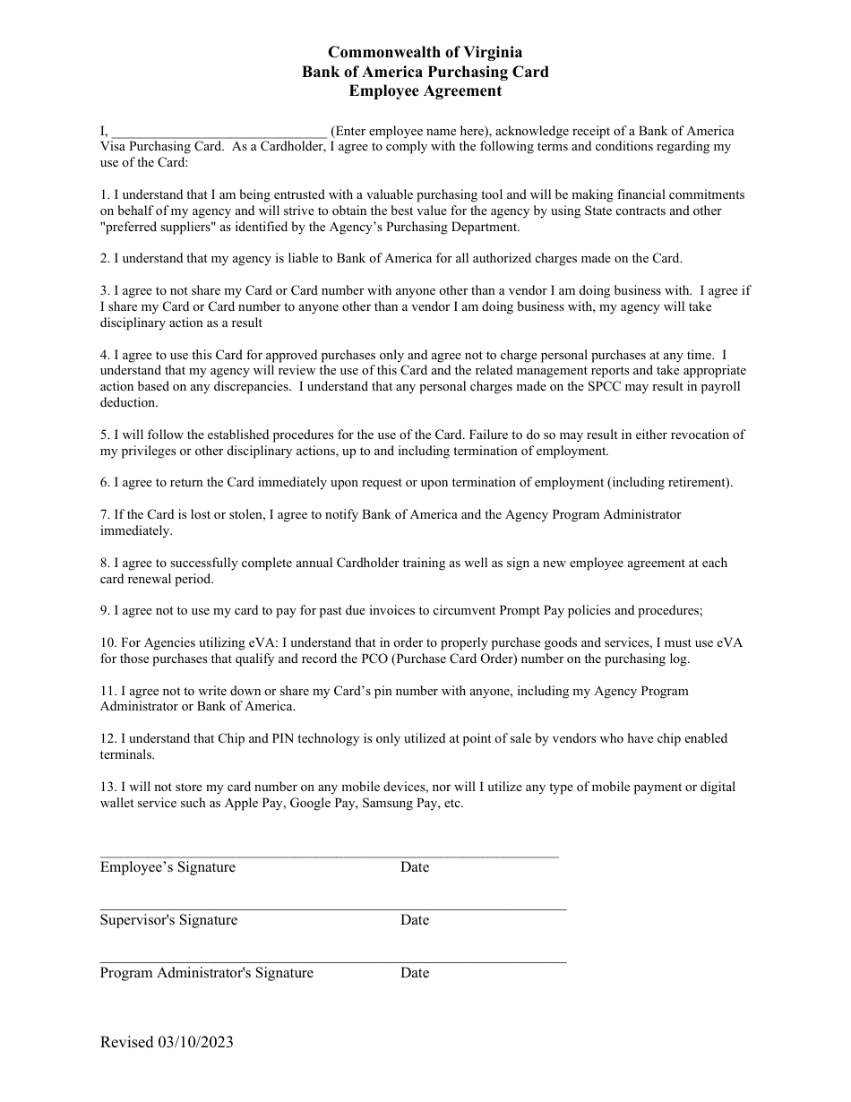 Bank of America Purchasing Card Employee Agreement - Virginia, Page 1