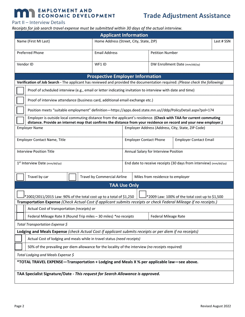 Job Search Allowance Application - Trade Adjustment Assistance - Minnesota, Page 2