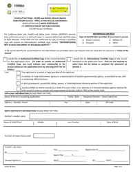 Document preview: Application for a Birth Certificate or Certification of No Public Record - County of San Diego, California