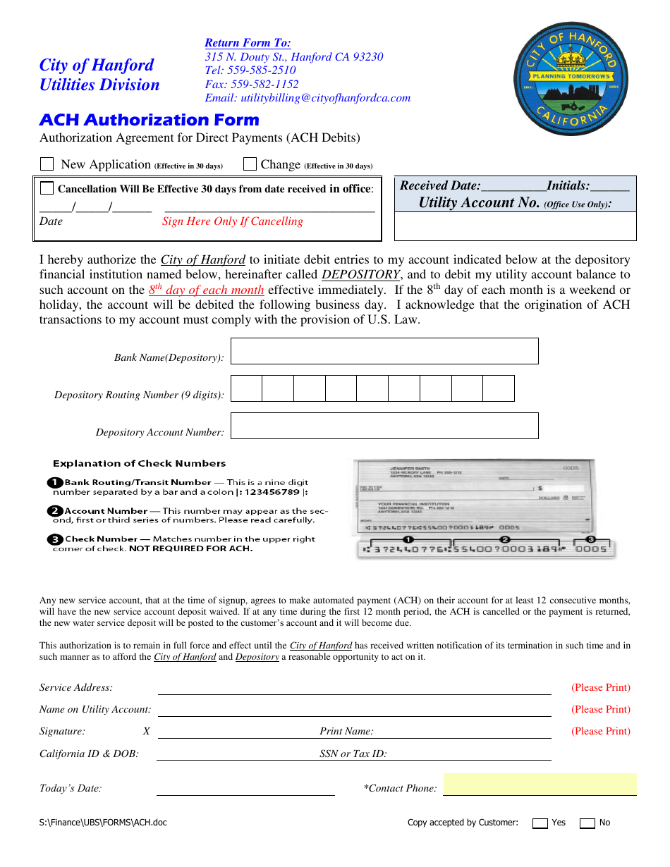 ACH Authorization Form - City of Hanford, California, Page 1