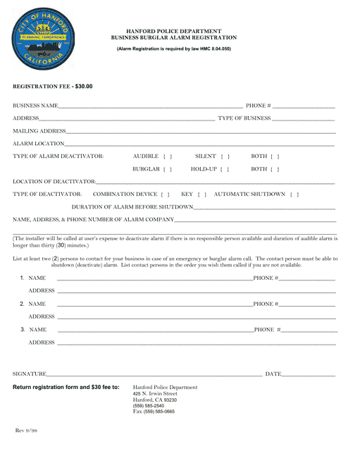 Business Burglar Alarm Registration - City of Hanford, California Download Pdf