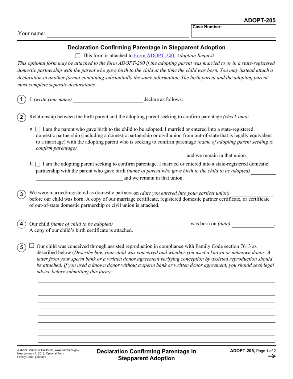 Form ADOPT-205 Declaration Confirming Parentage in Stepparent Adoption - California, Page 1