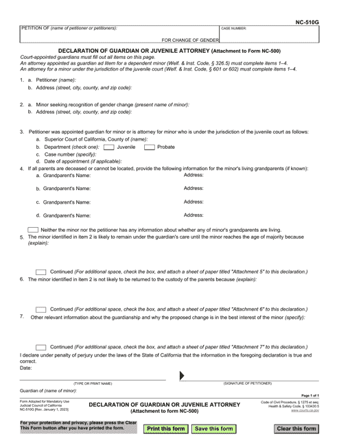 Form NC-510G Declaration of Guardian or Juvenile Attorney (Attachment to Form Nc-500) - California