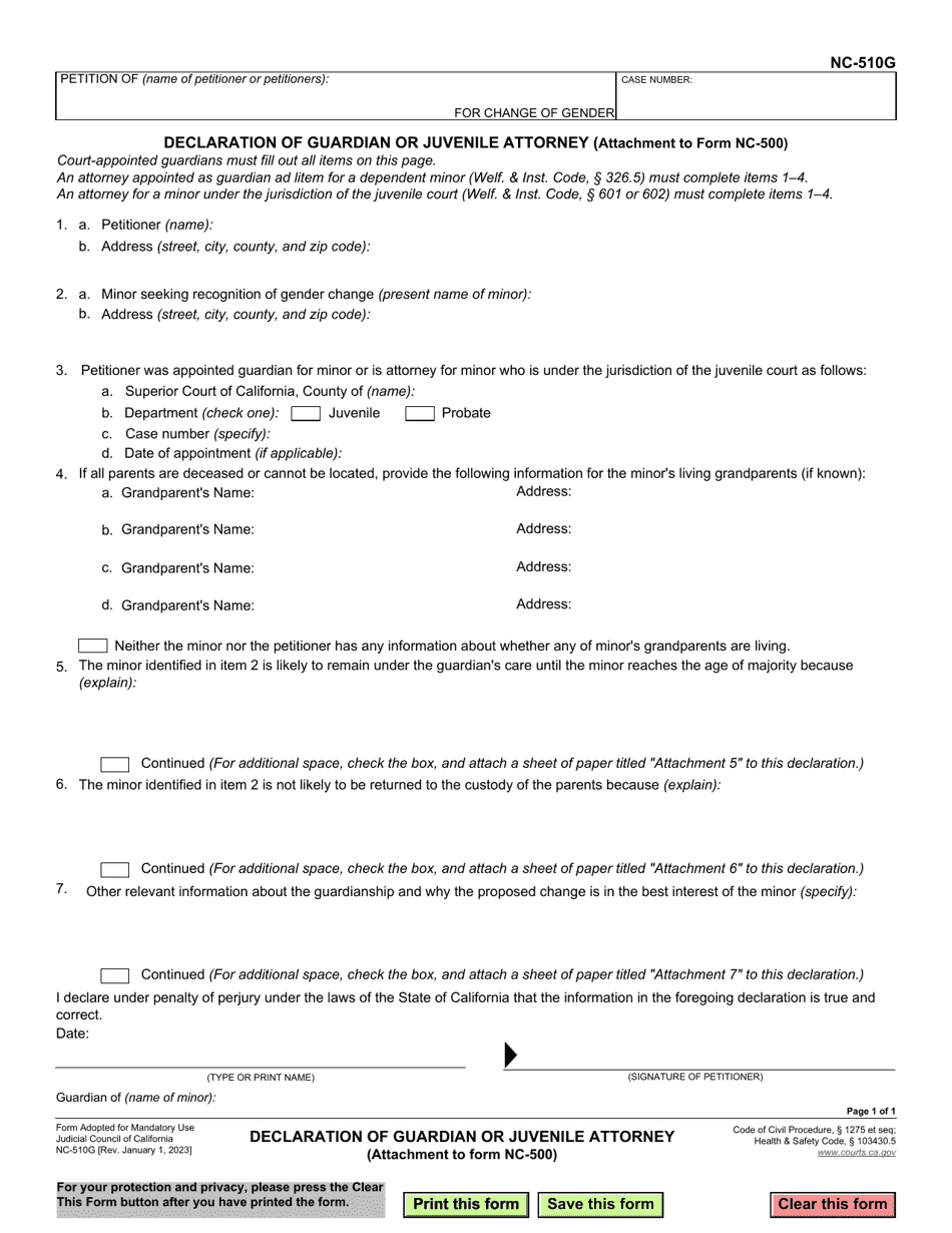Form NC-510G Declaration of Guardian or Juvenile Attorney (Attachment to Form Nc-500) - California, Page 1