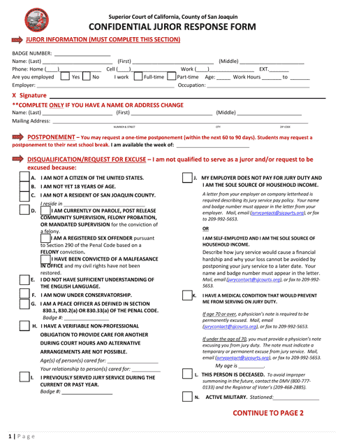 Confidential Juror Response Form - County of San Joaquin, California Download Pdf