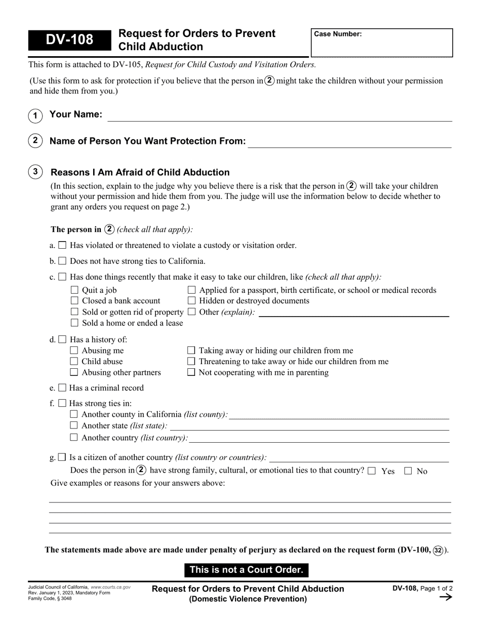 Form DV-108 Request for Orders to Prevent Child Abduction - California, Page 1