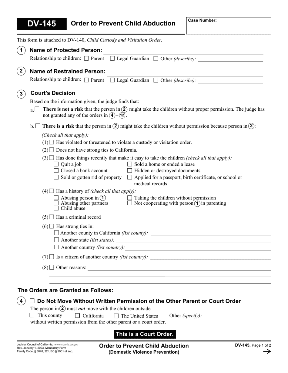 Form DV-145 Order to Prevent Child Abduction - California, Page 1