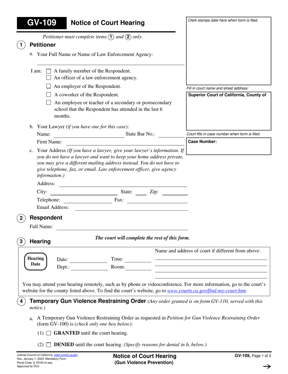 Form GV-109 Notice of Court Hearing - California, Page 1