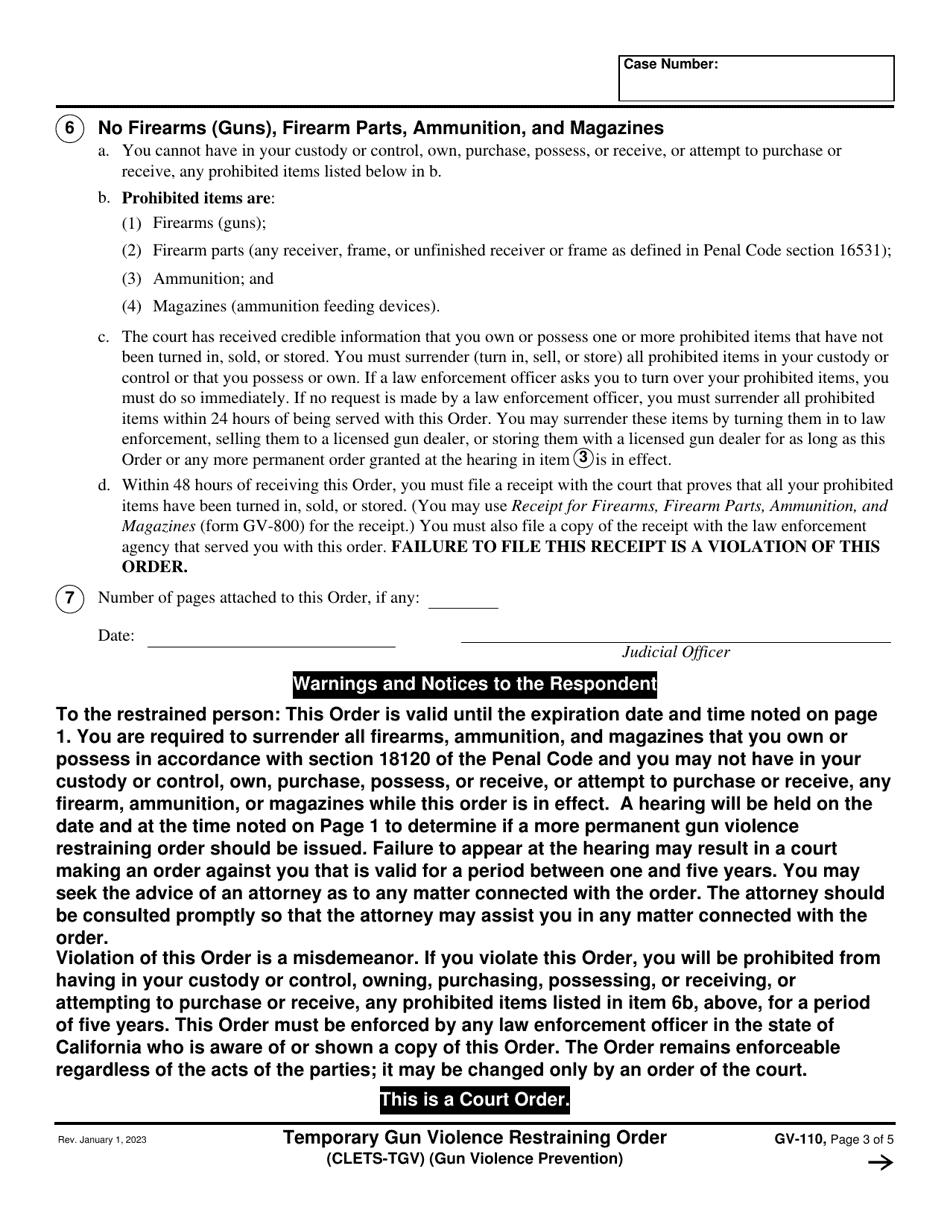 Form GV-110 Temporary Gun Violence Restraining Order - California, Page 3