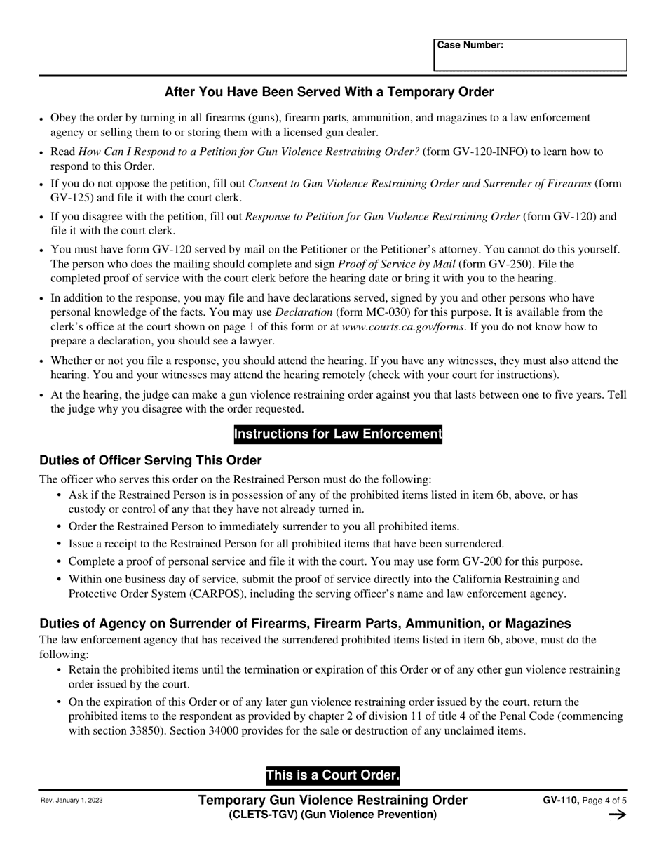 Form GV-110 Temporary Gun Violence Restraining Order - California, Page 4