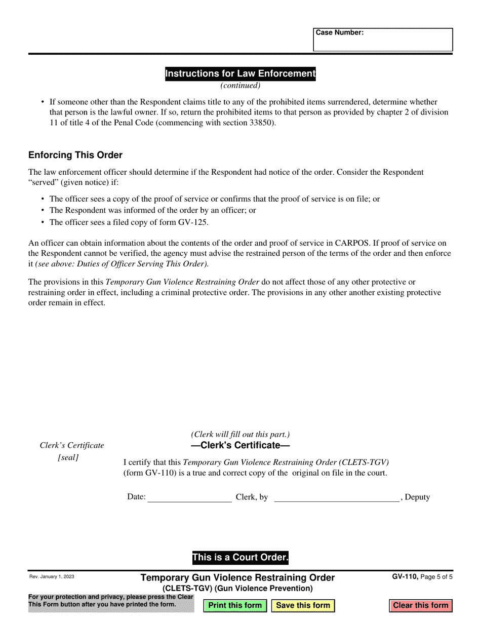 Form GV-110 Temporary Gun Violence Restraining Order - California, Page 5