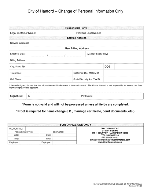 Change of Personal Information Only - City of Hanford, California Download Pdf