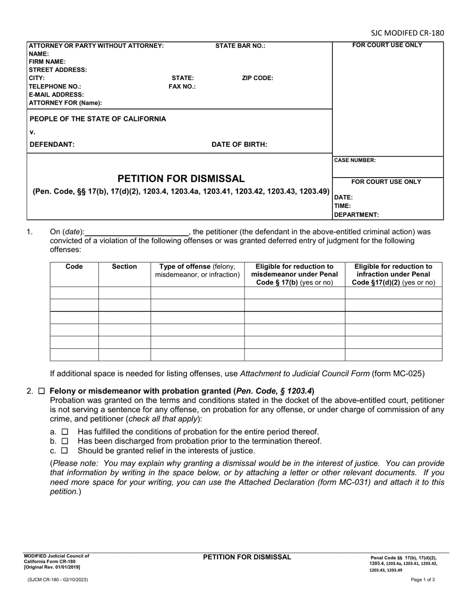 Form SJCM CR-180 Petition for Dismissal - County of San Joaquin, California, Page 1