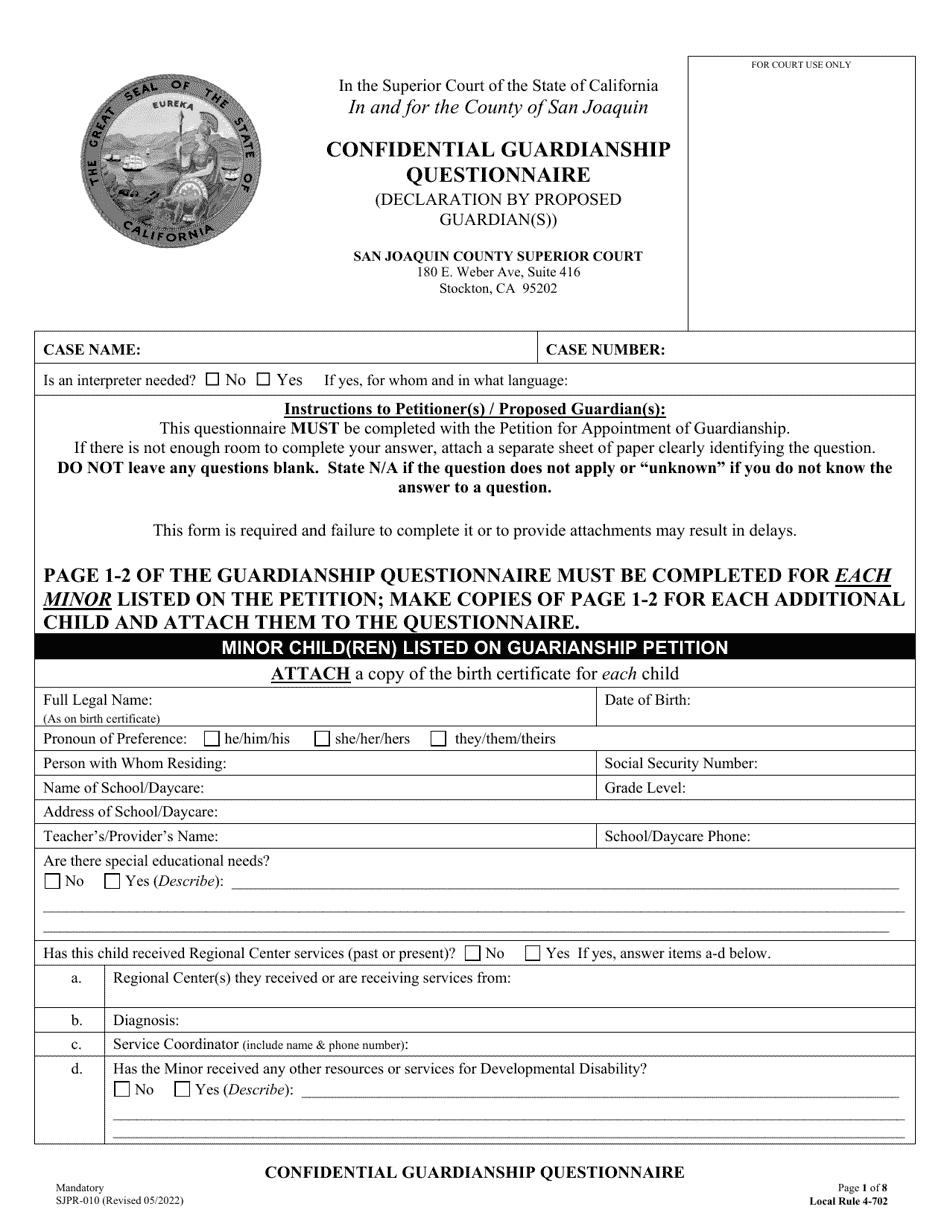 Form SJPR-010 Confidential Guardianship Questionnaire - County of San Joaquin, California, Page 1