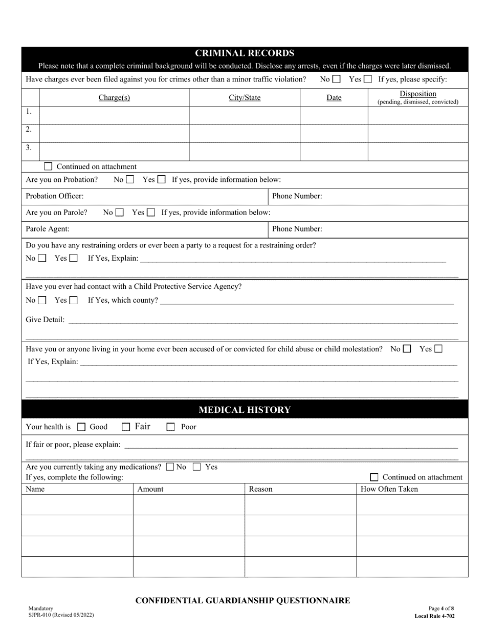 Form SJPR-010 Confidential Guardianship Questionnaire - County of San Joaquin, California, Page 4