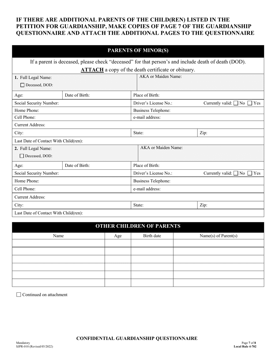 Form SJPR-010 Confidential Guardianship Questionnaire - County of San Joaquin, California, Page 7