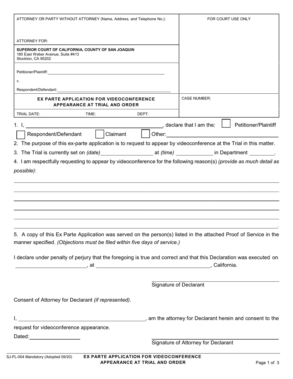 Form SJ-FL-004 Ex Parte Application for Videoconference Appearance at Trial and Order - County of San Joaquin, California, Page 1