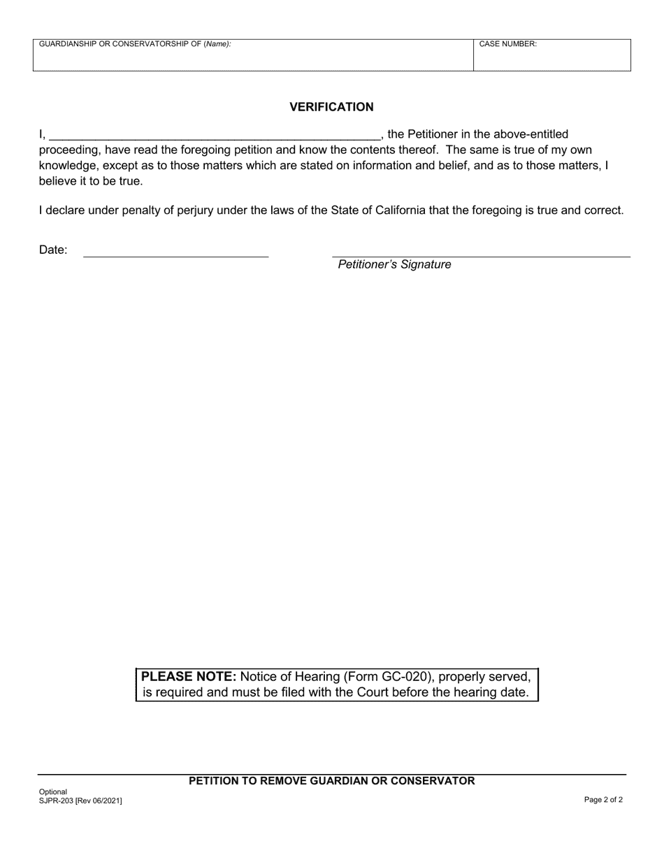 Form SJPR-203 Petition to Remove Guardian or Conservator - County of San Joaquin, California, Page 2