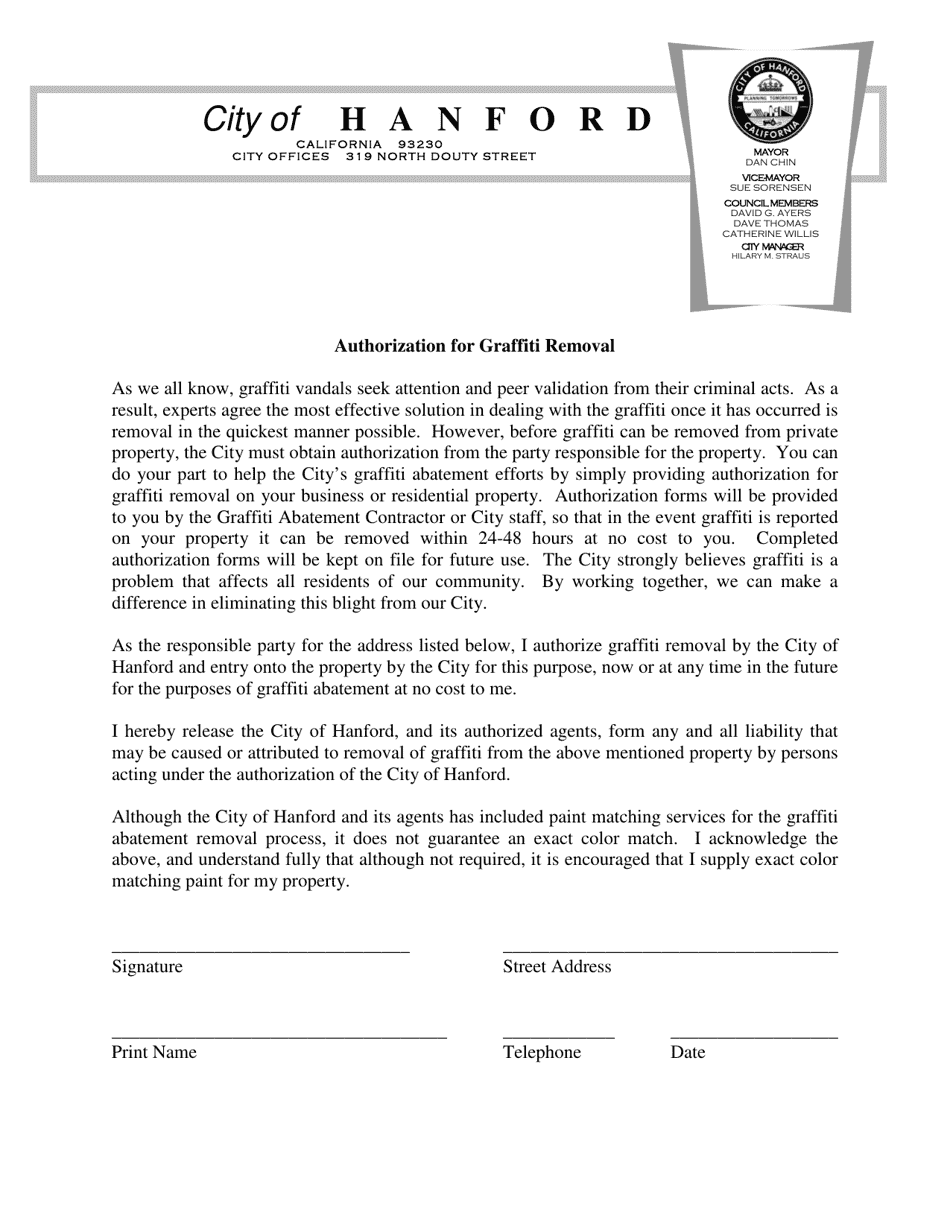 Authorization for Graffiti Removal - City of Hanford, California, Page 1