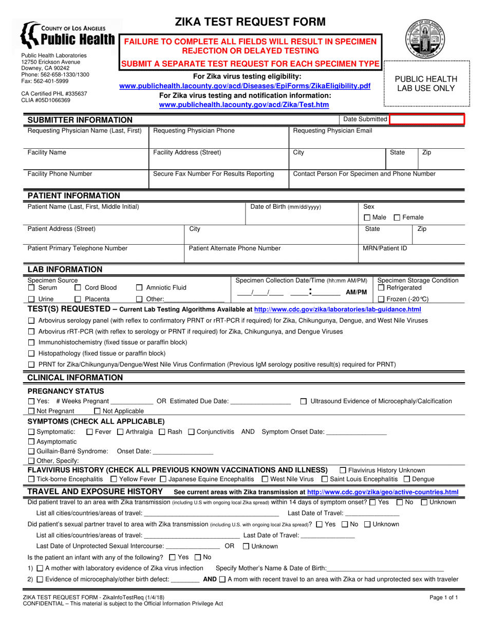 Zika Test Request Form - County of Los Angeles, California, Page 1