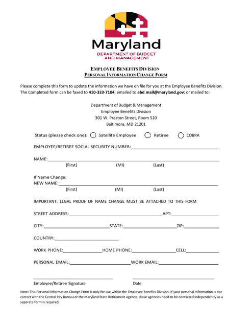 Personal Information Change Form - Maryland Download Pdf