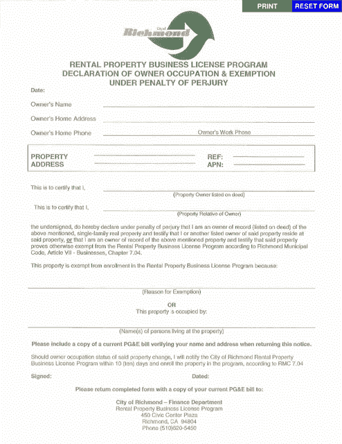 Declaration of Owner Occupation & Exemption Under Penalty of Perjury - Rental Property Business License Program - City of Richmond, California Download Pdf