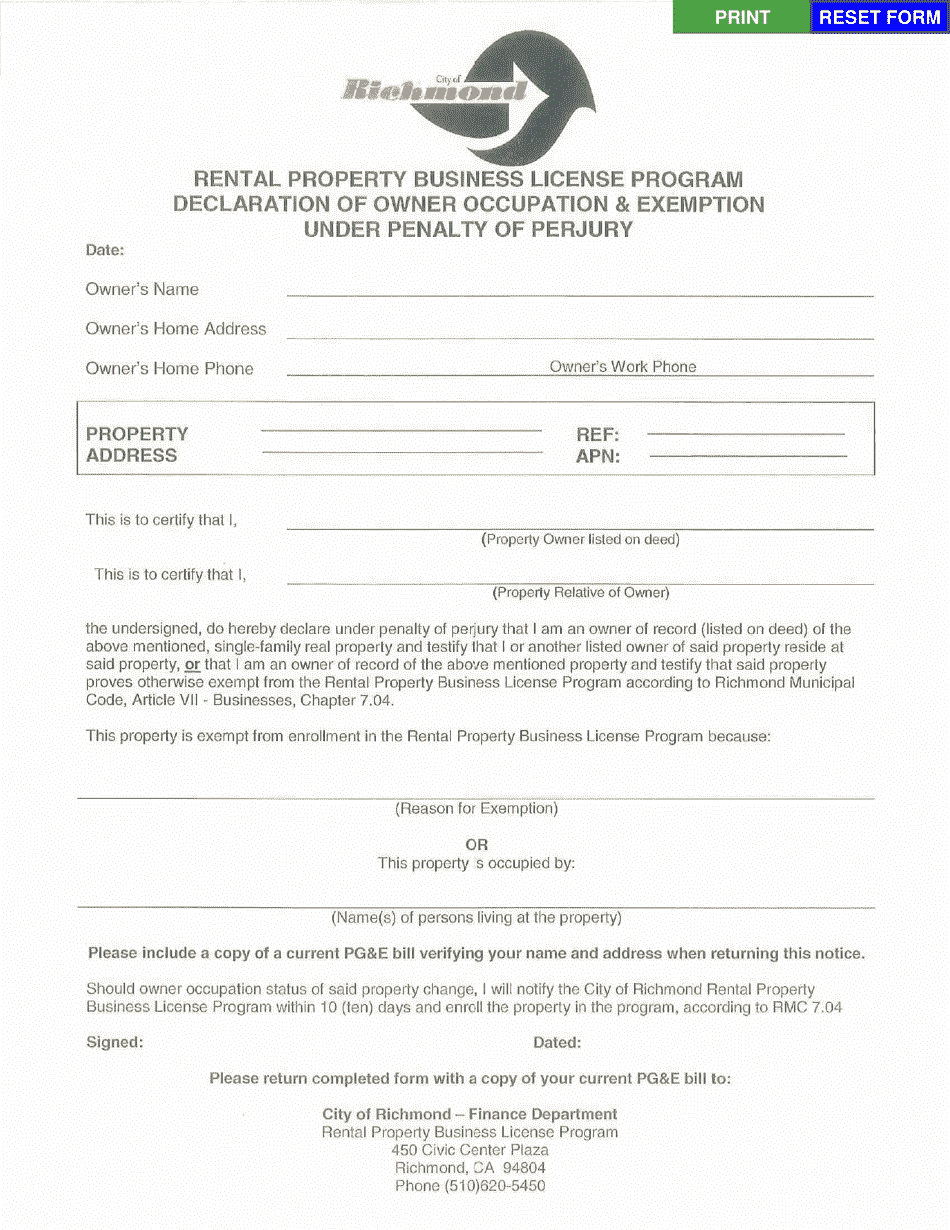 Declaration of Owner Occupation  Exemption Under Penalty of Perjury - Rental Property Business License Program - City of Richmond, California, Page 1