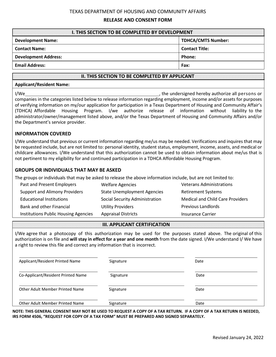 Release and Consent Form - Texas, Page 1