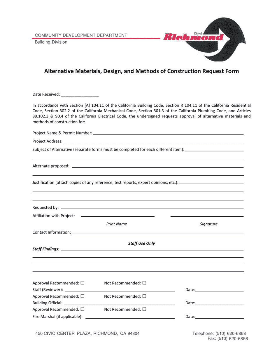 Alternative Materials, Design, and Methods of Construction Request Form - City of Richmond, California, Page 1