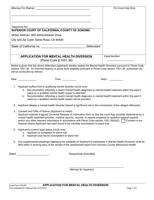 Form CR-007 Application for Mental Health Diversion - County of Sonoma, California