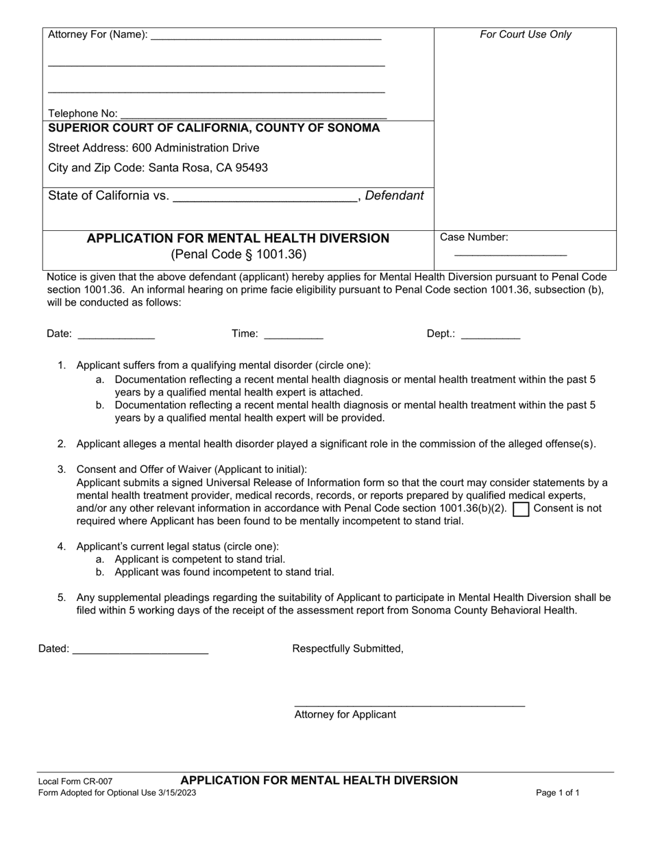 Form CR-007 Application for Mental Health Diversion - County of Sonoma, California, Page 1