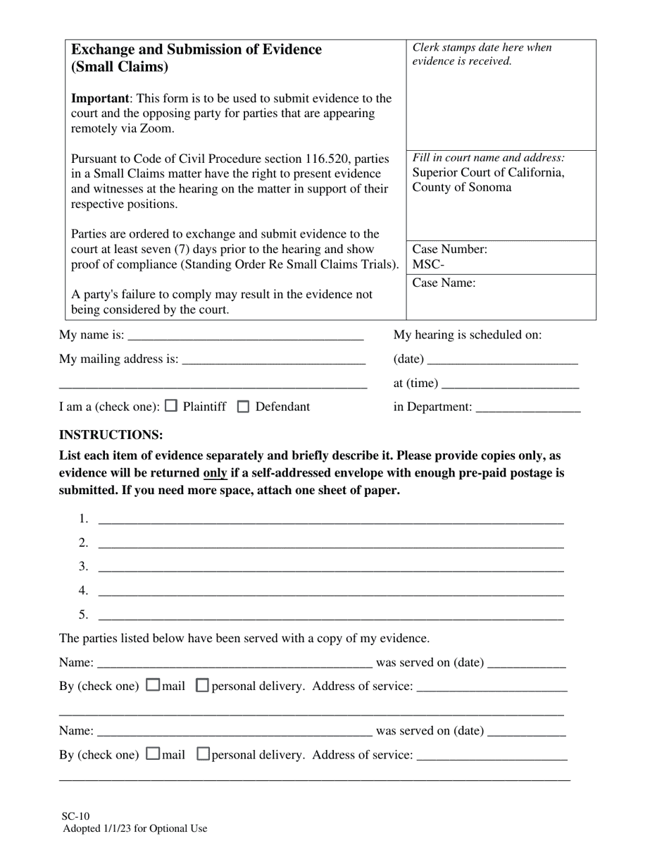 Form SC-10 Exchange and Submission of Evidence (Small Claims) - County of Sonoma, California, Page 1